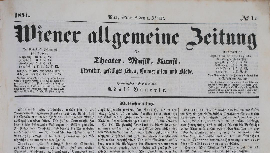 BUERLE, ADOLF (HRG.): - Wiener allgemeine Theaterzeitung fr Theater, Musik, Kunst, Literatur, geselliges Leben, Conversation und Mode..