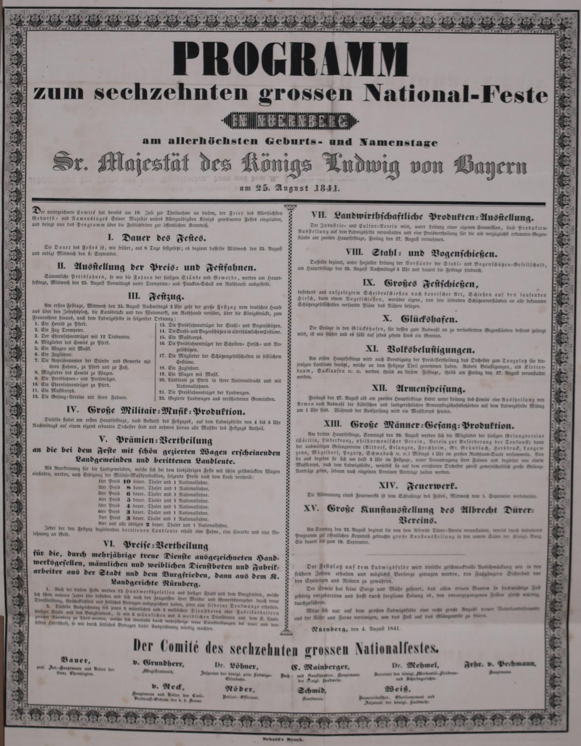  - Programm zum sechzehnten grossen National-Feste in Nrnberg am allerhchsten Geburts- und Namenstage Sr. Majestt des Knigs Ludwig von Bayern..