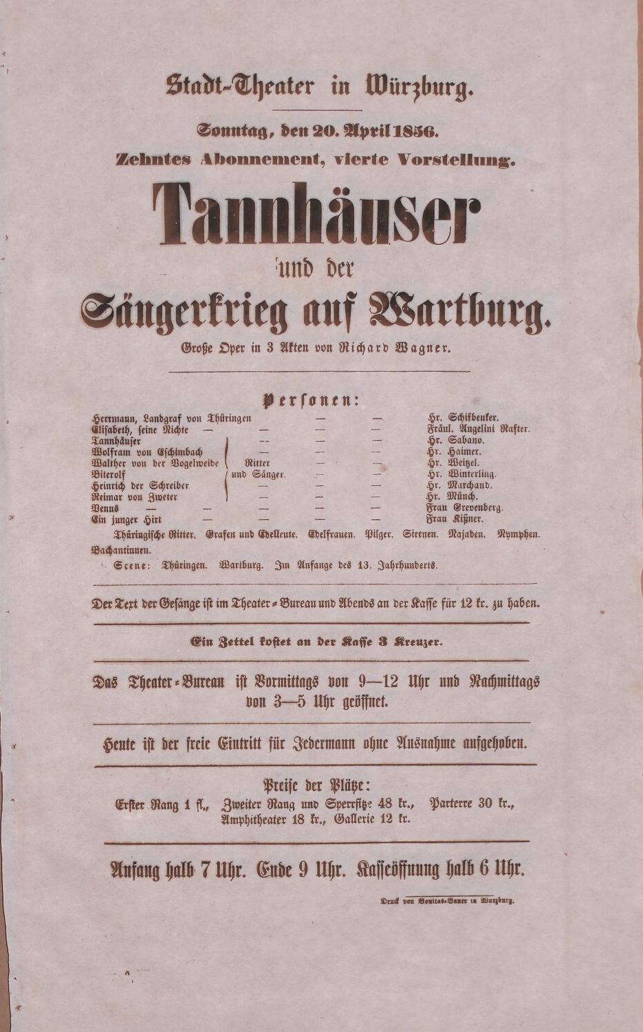 WAGNER, RICHARD: - Tannhäuser und der Sängerkrieg auf Wartburg. Grosse Oper in 3 Akten. - Theaterzettel zur Aufführung im Würzburger Stadttheater am 20. April 1856..
