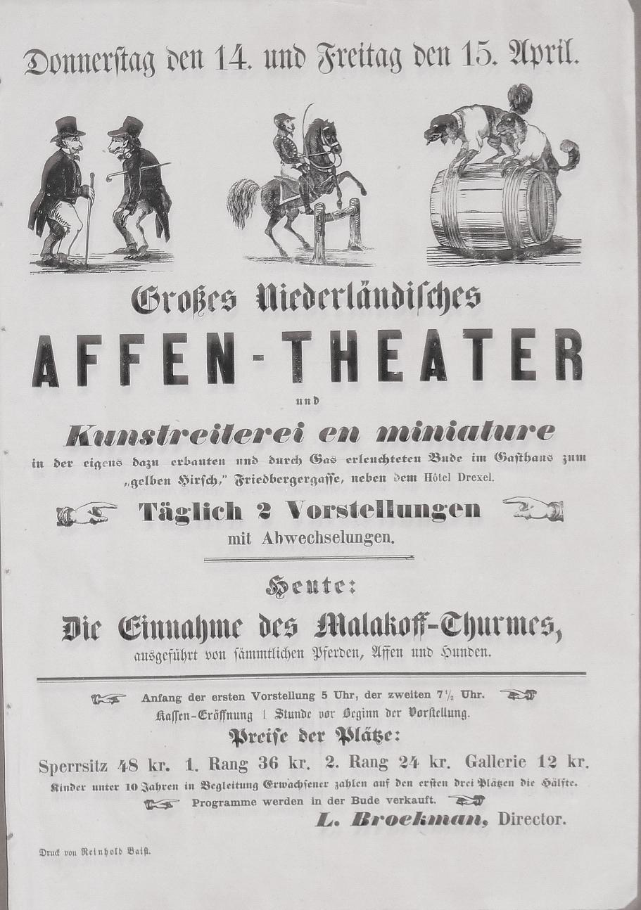 - Grosses Niederlndische Affen-Theater und Kunstreiterei en miniature in der eigens dazu erbauten, durch Gas erleuchteten Bude im Gasthaus zum 