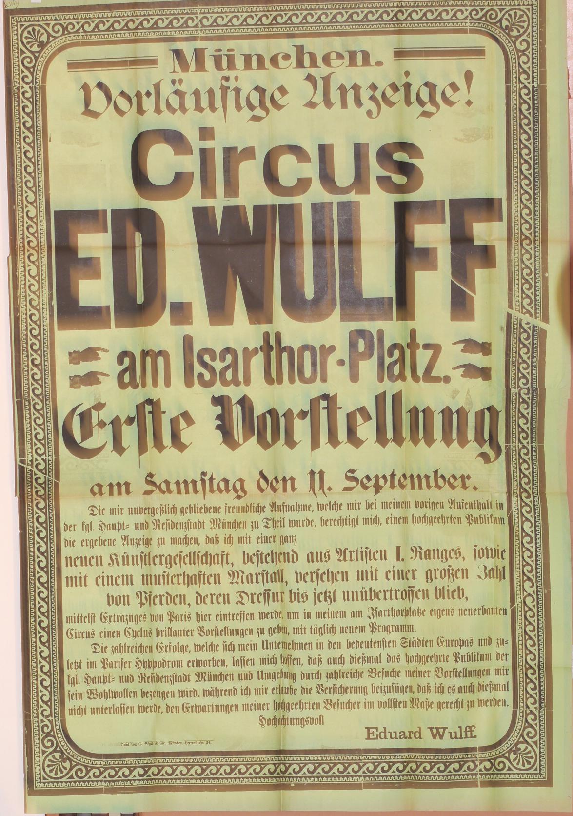  - Vorlufige Anzeige! Circus Ed. Wulff am Isarthor-Platz. Erste Vorstellung am 11. September..