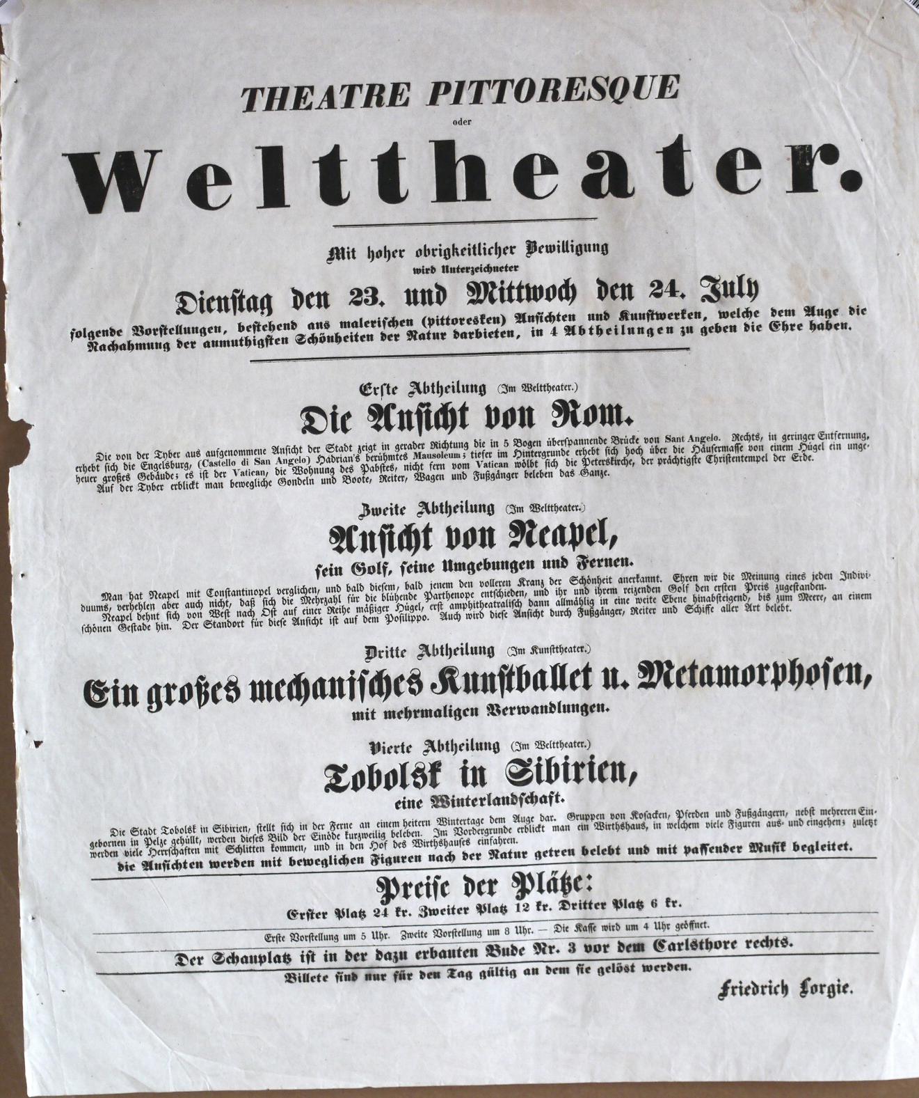  - Theatre Pittoresque oder Welttheater. (Unterzeichner:) Friedrich Lorgie..