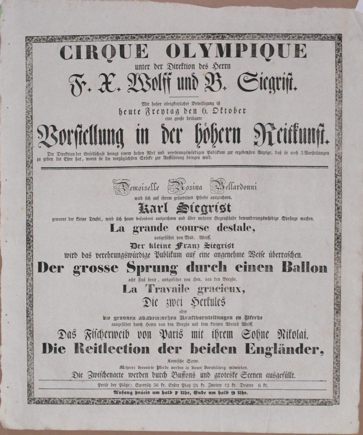  - Cirque Olympique unter der Direktion des Herrn F. X. Wolff und B. Siegrist. Eine grosse brillante Vorstellung in der hhern Reitkunst..