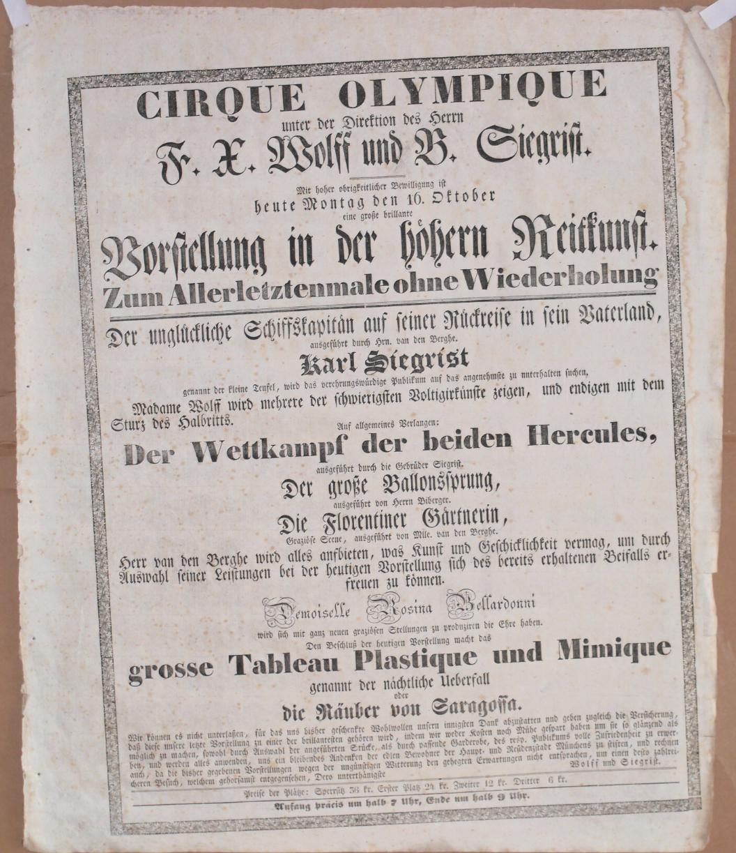  - Cirque Olympique unter der Direktion des Herrn F. X. Wolff und B. Siegrist. Vorstellung in der hhern Reitkunst..