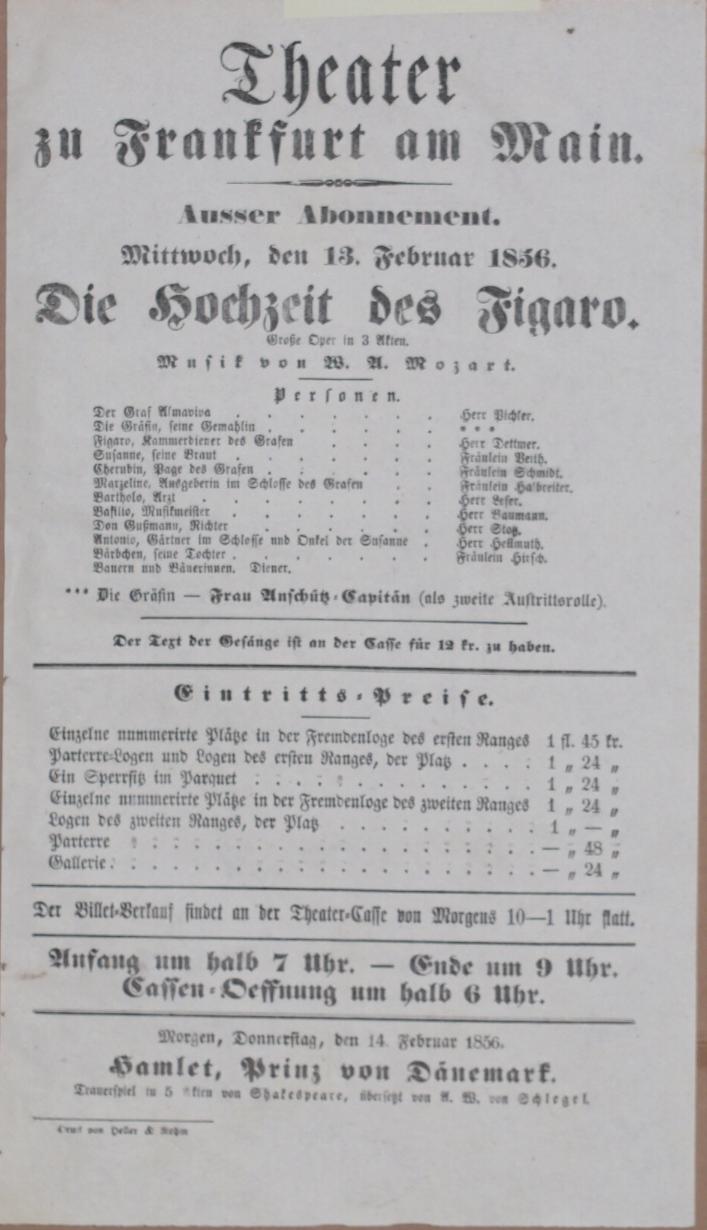  - Die Hochzeit des Figaro. Grosse Oper in 3 Akten. Musik von W. A. Mozart..