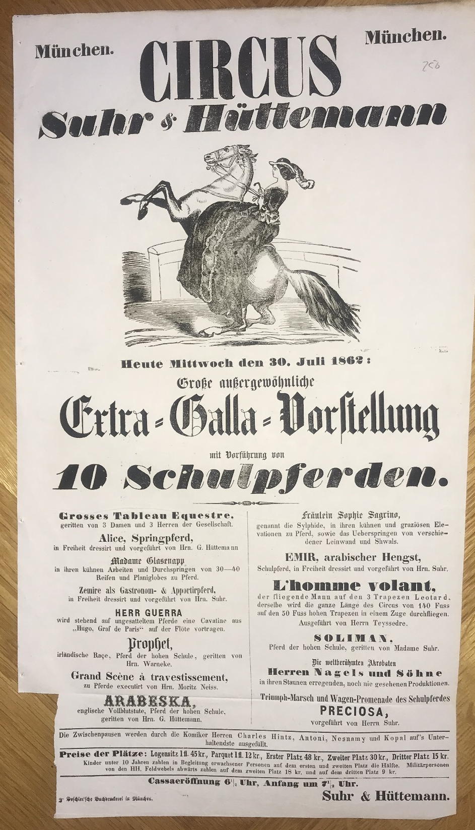  - Heute Mittowch den 20.Juli 1862: Grosse aussergewhnliche Extra-Galla-Vorstellung mit Vorfhrung von 10 Schulpferden..