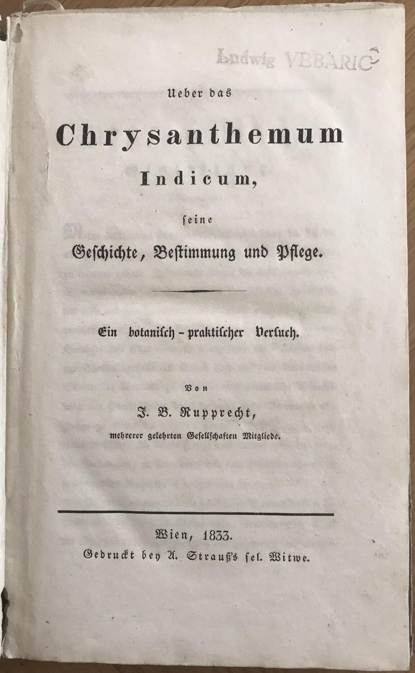 RUPPRECHT, JOHANN BAPTIST: - Ueber das Chrysanthemum Indicum, seine Geschichte, Bestimmung und Pflege. Ein botanisch-praktischer Versuch..