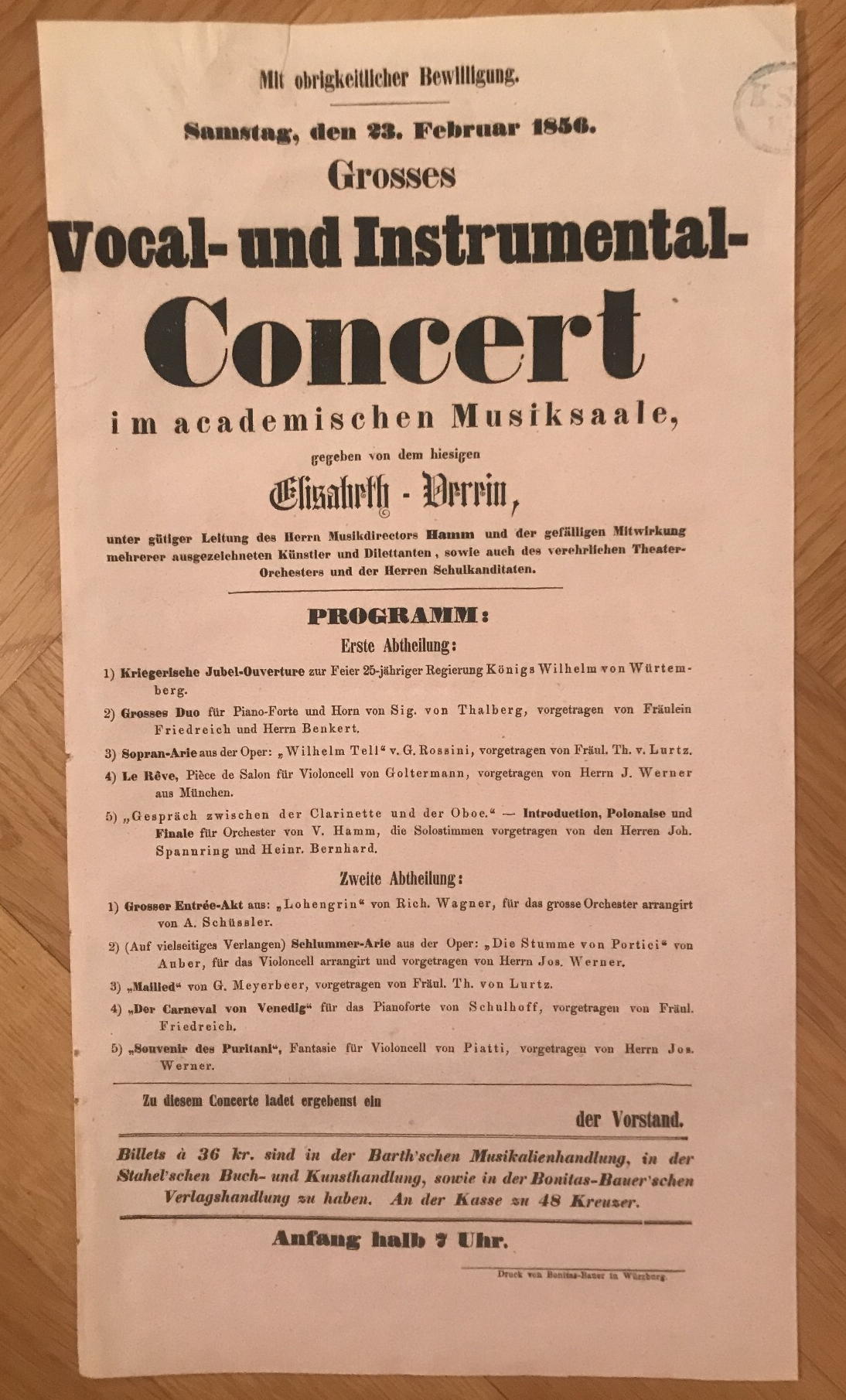  - Grosses Vocal- und Instrumental-Concert im academischen Musiksaale, gegeben von dem hiesigen Elisabeth-Verein..