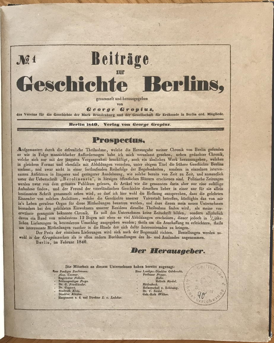 GROPIUS, GEORGE: - Beitrge zur Geschichte Berlins. Heft 1: Einiges zur Geschichte des Berlinischen Rathauses..