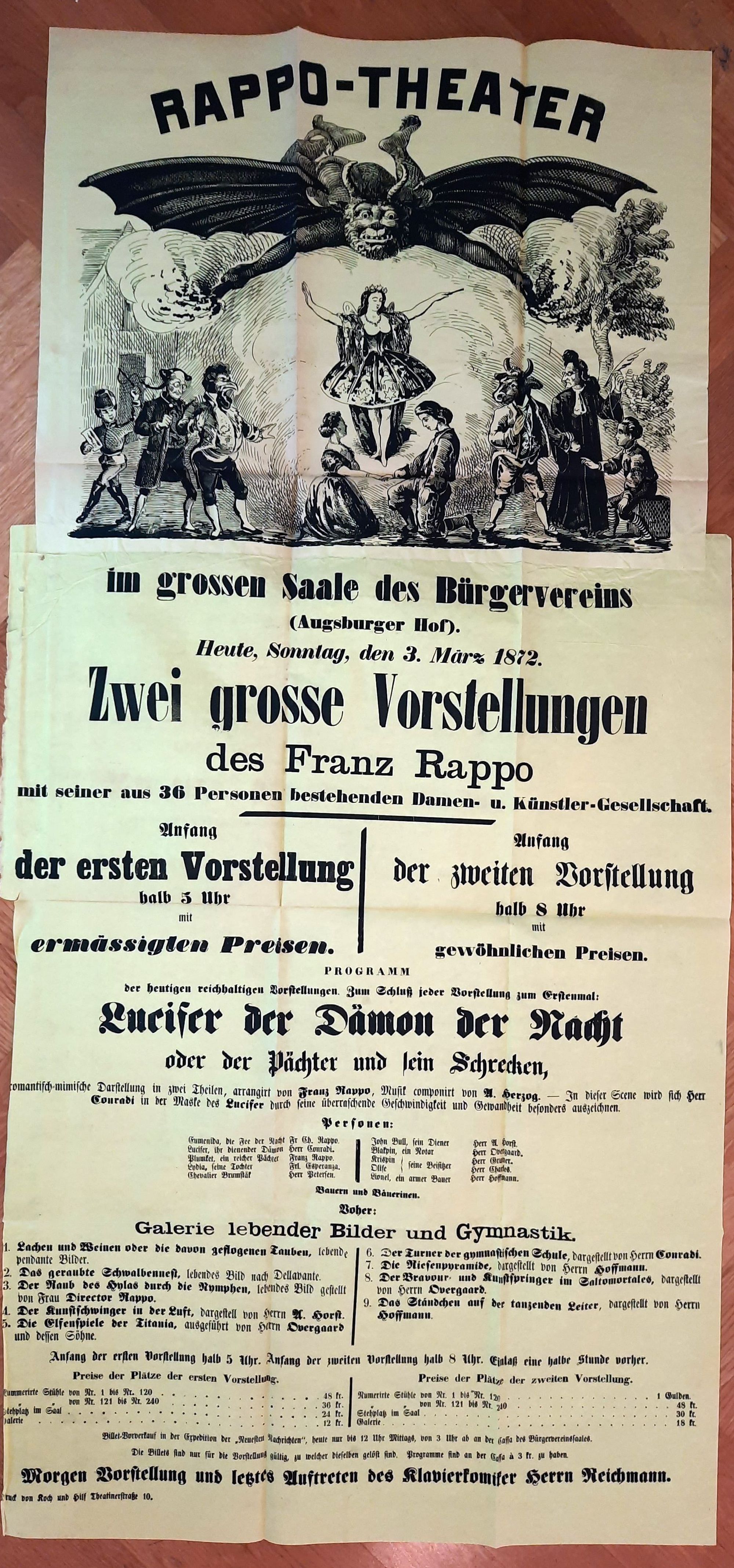  - Rappo-Theater im grossen Saal des Brgervereins (Augsburger Hof) ... Zwei grosse Vorstellungen des Franz Rappo mit seiner aus 36 Personen bestehenden Damen- und Knstler-Gesellschaft..
