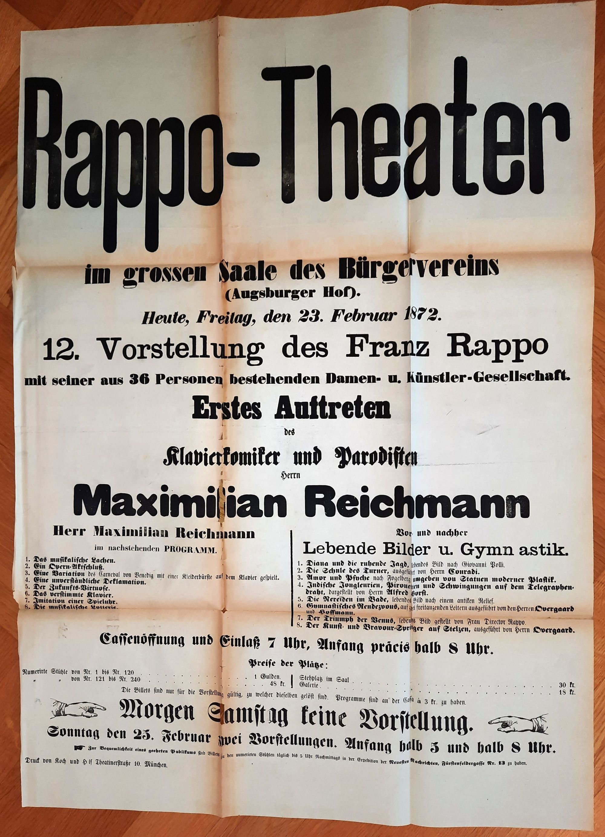  - Rappo-Theater im grossen Saal des Brgervereins (Augsburger Hof) ... 12. Vorstellung des Franz Rappo mit seiner aus 36 Personen bestehenden Damen- und Knstler-Gesellschaft..