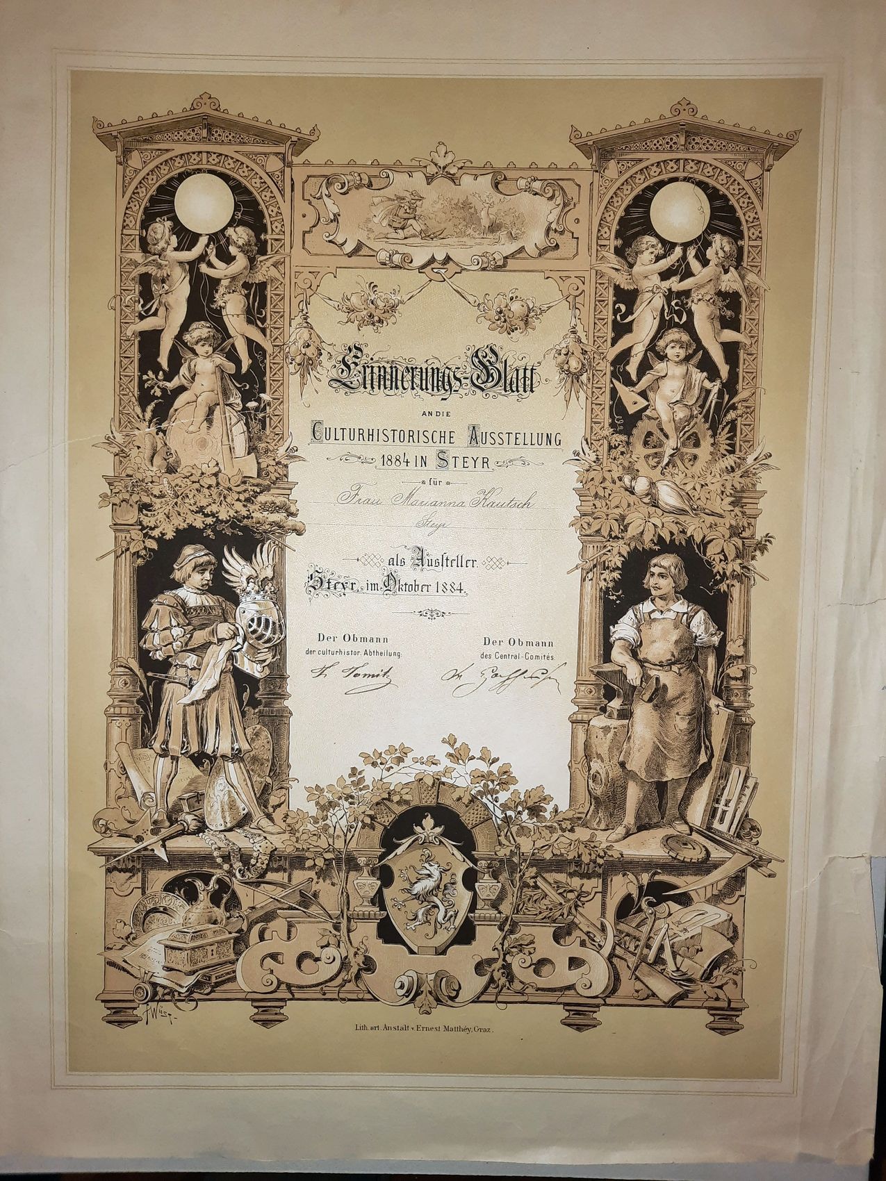  - Erinnerungblatt an die Culturhistorische Ausstellung 1884 in Steyr fr (handschriftlich eingetragen:) Frau Marianna Kautsch Steyr als Aussteller..