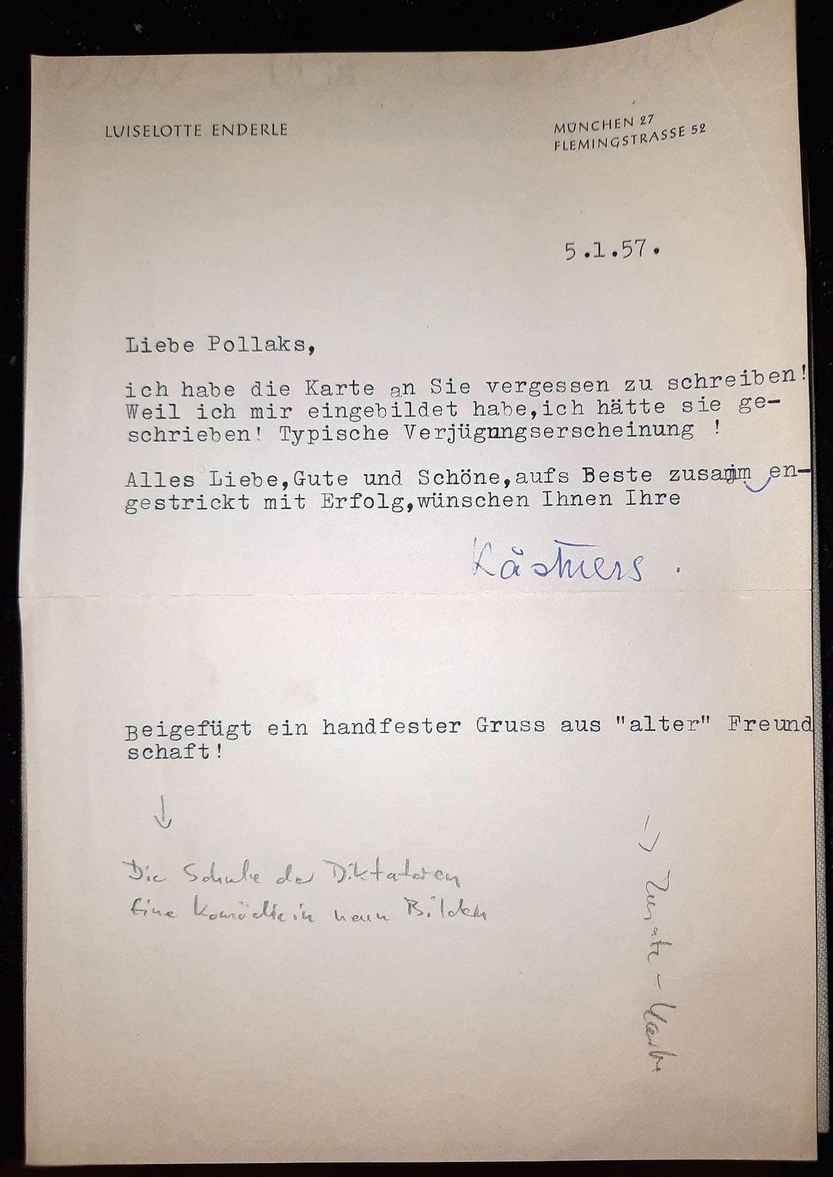  - Maschinenschriftlicher Brief von Luiselotte Enderle, der langjhrigen Lebensgefhrtin Erich Kstners. Mit handschriftl.Unterschrift..